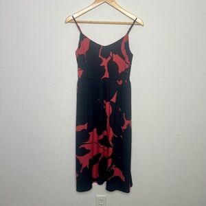 Loft midi dress - salmon pink with black abstract floral print. Size 2